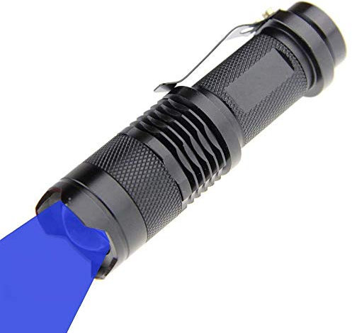 Blue Light LED Torch 1 Pack, Zoomable, Waterproof, 3 Light Modes, Adjustable Focus Light for Camping, Hunting, Hiking, Night Vision, Night Fishing, Astronomy and Emergency (Black Shell)