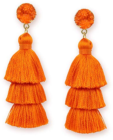 Me&Hz Fashion Orange Earrings for Women Colorful Tassel Dangle Drop Earrings Bright Orange Layered Tassel Hypoallergenic Studs Thanksgiving Halloween Jewelry Gift