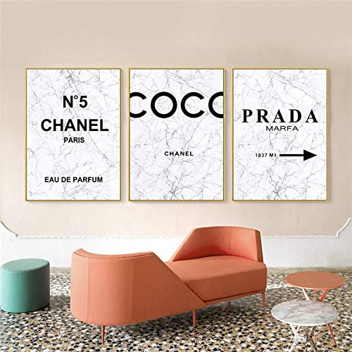 SSHABC Mode marbre Prada Citations Affiche Noir Blanc Vogue Plume Femme Mur Art Toile Peinture Photos pour Salon décor / 40x60cmx3 pièces/Pas de Cadre Salle de séjour
