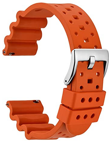 WOCCI 24mm Belüftete FKM Gummi Uhrenarmband für Herren (Nicht Silikon), Schnellverschluss Armband, Silberner Schnalle (Kürbisorange)