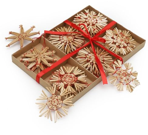 SALCAR 24-teiliges WeihnachtsbaumSchmuck aus Stroh, Strohsterne Set, Natürlicher Stroh Anhänger für Weihnachtsdekoration, handgemachter natürlicher Schmuck für Christbäume