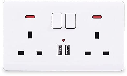 Enchufe del Reino Unido Interruptor de pared Doble PC Socket 13A con 2 puertos de carga USB (blanco)