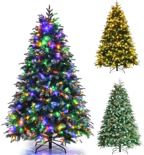 GYMAX 5FT/6FT Pre-Lit Artificial Christmas Tree, Hinged Xmas Tree with 581/899 Branch Tips, 250/350 LED Lights, Pine Cones & Red Berries, 11 Lighting Modes, Holiday Decor Tree (180cm)
