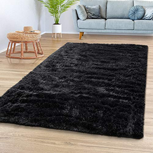 TT Home Teppich Wohnzimmer Hochflor Langflor Weich Soft Modernes Einfarbiges Design, Farbe: Schwarz, Größe:80x150 cm