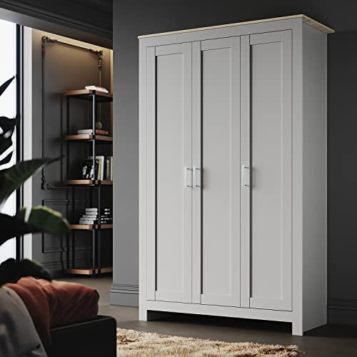 ELEGANT 3-Door Wooden Wardrobe with Hanging Rail Grey Oak 4 Shelves Storage Wardrobe for Blankets, Clothing, Quilt