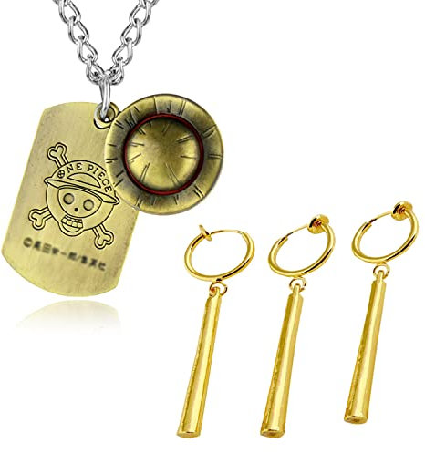YouU 4 Stück One P. Schmuck Set Skelett Anhänger Ruffy Halskette Roronoa Zoro Fashion Anime Ohrringe Clip für Fans Cosplay mit Aufkleber