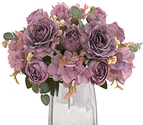 HUAESIN 2 Pcs Künstliche Blumen Pfingstrosen Kunstblumen Hortensie Unechte Blumen Vintage Seidenblumen wie Echt für Hochzeit Party Fest Zuhause Büro Vase Sommer Dekoration Dunkellila