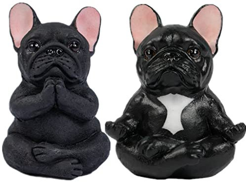 JARPSIRY 2 Stück meditierende französische Bulldogge Statue Kunstharz Skulptur Yoga Hund Figuren Zen Tier Regal Sitter Dekoration für Fensterbänke, Regale, Schränke, Ornamente (schwarz)