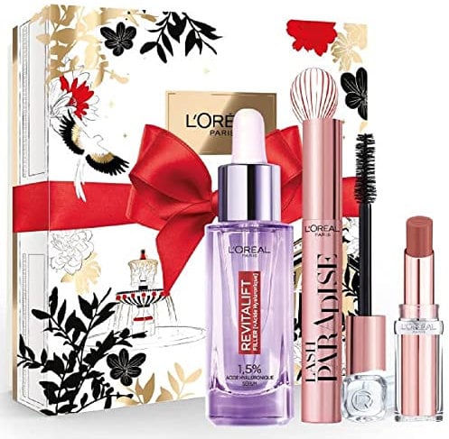 L'Oréal Paris Geschenkset für Damen, luxuriös, 1 Anti-Falten-Serum, Hyaluronsäure + 1 schwarze Mascara, Rizinusöl Lash Paradise + 1 feuchtigkeitsspendender Lippenbalsam Glow Paradise Nude
