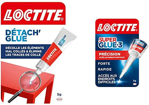 Lot de 2 produits Loctite - Détach'Glue, dissolvant colle qui enlève taches et résidus de colle cyanoacrylate, tube de 5 g & Super Glue-3 Précision, colle forte pour réparations précises, flacon 5 g