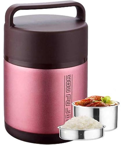 ROFRA Thermobehälter für Essen 2L, Thermo Speisebehälter, mit Geschirr, Aufbewahrungstasche und Schwammbürste, Vakuum Thermobehälter aus Edelstahl, für Müsli, Joghurt, Porridge (Pink)