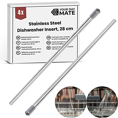 Spülmaschinen Stab Einsatz, 4 Stück, 28 cm Länge, Edelstahl Halterung passend für die meisten Spülmaschinen, Weinglas, Bierglas, Soda Glas, Flaschenständer für Geschirrkorb, Flaschenhalter Geschirr