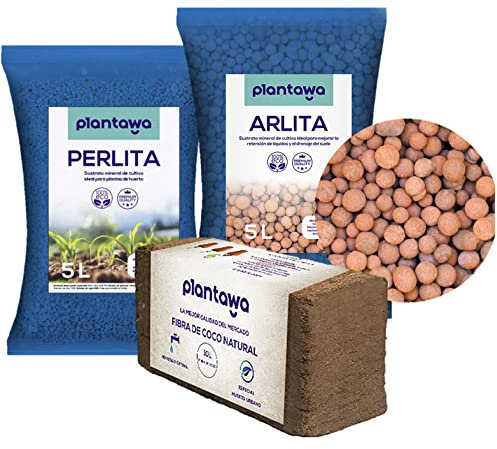 PLANTAWA Sustrato Perlita 5L, Arlita 5L y Fibra de Coco 10L, Tierra para Plantas Sustrato Universal para Plantar Semillas Huerto Urbano,Abono Natural Tierra Jardín Exterior, Sustratos y Abonos