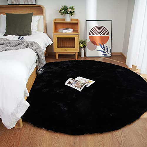 Ghouse Teppich Rund 150x150 cm Schwarz Flauschig Weich Wohnzimmer Schlafzimmer Dekoration rutschfest Kurzflor Teppich Waschbarer Carpet