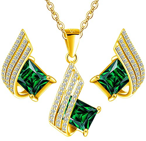 4 Farben Ohrringe mit Halskette Silber 925 Damen Set Vergoldet 24 K - Hochwertige Österreichische Kristalle und Zirkone - Schmuck Kette damen - Ohrringe Set mit Halskette (Emerald)