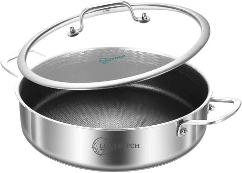 LOLYKITCH 10 Inch Tri-Ply Stainless Steel Non-Stick Deep Frying Pan with Lid, Induction Cooking, Dishwasher and Oven Safe