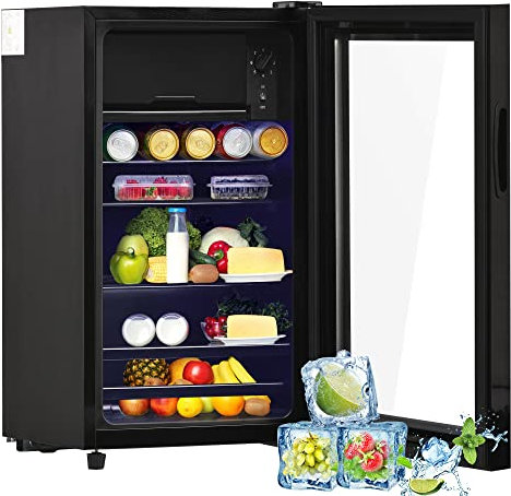 kubeier frigorifero piccolo, Minifrigo con cella freezer, minifrigo con porta in vetro, frigo bibite silenzioso 6L+70L, minifrigo 0-10°C, frigo birra 76 litri, ripiani regolabili, classe energetica F