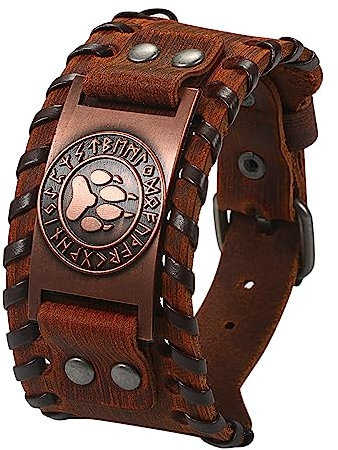 Cupimatch Herren Armband Braun Retro Breites Metall Wikinger Armband Herren Leder Armband Punk Style Armbänder Breiter Gürtel Manschette Armreif Rock Wrap für Männer Junge