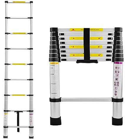 SUBTLETY Scala telescopica da 2,6 m, in alluminio, allungabile, pieghevole, a 9 livelli, antiscivolo, multiuso, per una portata di 150 kg, colore: argento