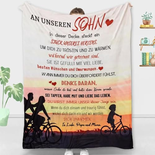 ACCZ Personalisierte Geschenke Decke An unsere Sohn von Eltern,Deutsche Mama und Papa für Sohn Briefdecke, Witziges Geburtstagsgeschenk für Meine Sohn, 18. Geburtstag Junge