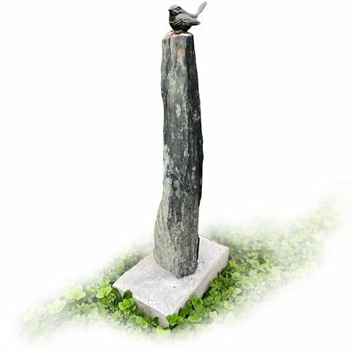 Yerd Gartendeko Figur: Bronzefigur Garten, Vogel auf Schiefer-Stein mit eingrabbarem Beton-Standfuß, original Rottenecker Objekt (Vogel6cm)