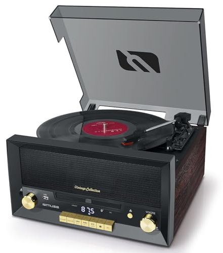 BMI Système Chaîne HiFi CD 20W Vintage avec Platine Vinyle - CD/FM/USB/AUX - 33/45/78 Tours