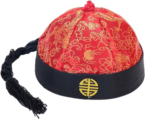 rockible Chapeau Oriental Chinois Qing Empereur, Jeu de rôle avec Queue de Cheval, Casquette de Costume de fête pour Spectacle sur scène, déguisement Cosplay, Rouge Noir 54cm
