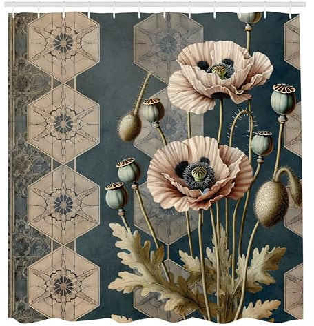 ABAKUHAUS Vintage Duschvorhang, Nostalgische Blühende Mohnblumen mit trippigen Details, Stoffliches Gewebe Badezimmerdekorationsset mit Haken, 175 x 200 cm, Blasses Lachs Avocado Grün