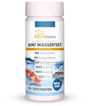 AQUAbasics 6in1 Aquarium & Gartenteich Multi-Wassertest. 6-fach Teststreifen zur Wasseranalyse - pH, GH, KH, Nitrit (NO2), Nitrat (NO3), Chlor (Cl2) in nur 60 Sekunden