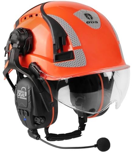 GREEN DEVIL X-Armor Schutzhelm mit Aktivem Gehörschutz und Klarem Visier Arbeitshelm ABS Sicherheitshelm EN 397 Industriehelm EN352-konforme SNR 32dB mit Bluetooth(Orange)