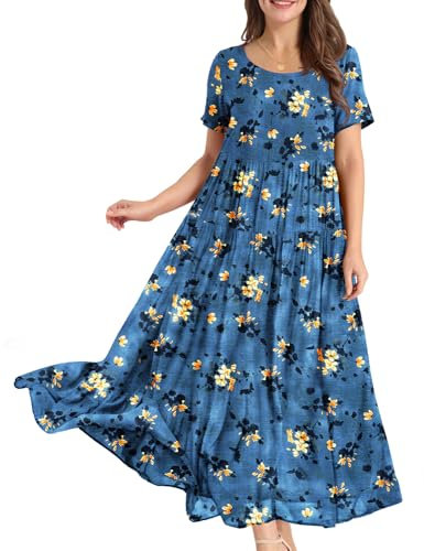 YESNO Women Dress Summer Casual Plus Size Maxi Dresses Bohemian Floral Short Sleeve Long Dress/Pockets 4XL EJFUK CR428
