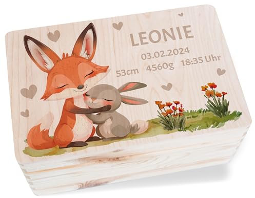 Holz Geschenkbox - Tiere - Erinnerungsbox zur Geburt Personalisiert mit Fuchs Hase Waldtiere | Baby Holzkiste mit Namen - 30 x 20 x 14 - Holz - geschenke personalisierte babybox babygeschenke name