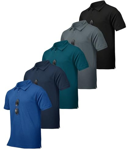 ZITY 5 Pack Tactical Polo Shirts for Men Golf Shirt Short Sleeve Athletic Performance Moisture Wicking Work Outdoor Tshirts, Black Grey Navy Blue Teal, XL