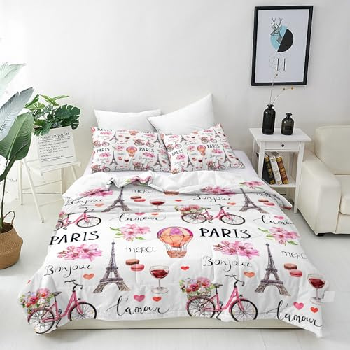 ANHOPE Paris Eiffelturm Fahrrad Bettwäsche Set Weich Microfaser Druck Bettbezüge mit Reißverschluss 2 Teilig Bettbezug 135x200 cm & Kissenbezug 80x80 cm Bettdeckenbezug für Kinder Mädchen