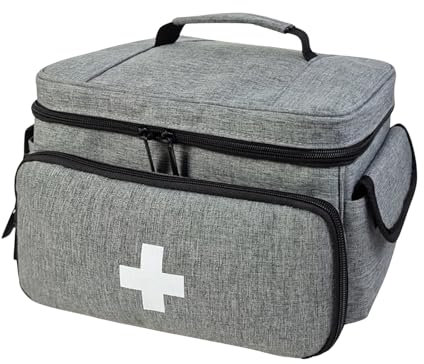 Tragbare Erste-Hilfe-Tasche, Große Kapazität Medikamententasche mit Mehreren Fächern,Leere Notfalltasche für Schule, Reisen, Camping, Wandern und häusliche Pflege, Pillenflaschen-Organize (Grau)