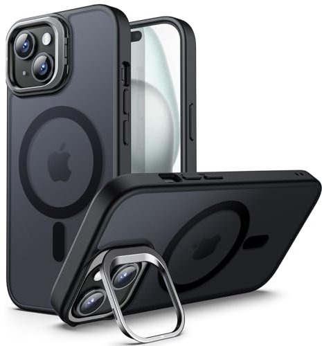 JETech Kickstand Case for iPhone 15 6.1-Inch Compatible with MagSafe, Built-in Adjustable Camera Stand, Translucent Matte Magnetic Back Slim Shockproof Phone Cover (Black)