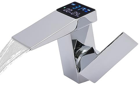 Wasserhahn Bad, Wasserfall Wasserhahn LED Bad Einhandmischer Waschbecken Armaturen Kaltes und Heißes Wasser Vorhanden (Silber)