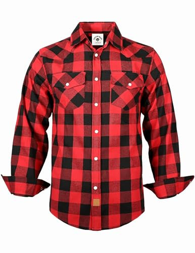 TARAINYA Chemise Flanelle Homme A Carreaux Western Cowboy Manches Longues avec Boutons-Pression Regular Fit A Rouge Noir Buffalo 2XL