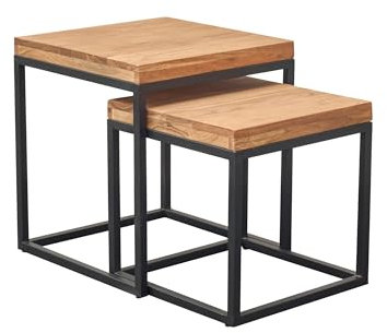 LC Home 2er Set Beistelltisch Akazie Massivholz mit Eisengestell Couchtisch Wohnzimmertisch 50x45x45cm