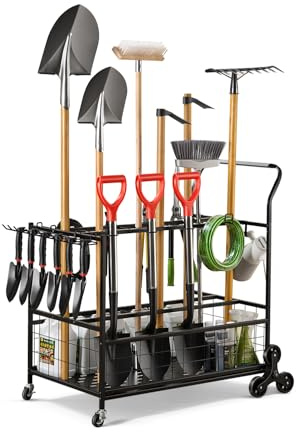 Heavy-Duty Garden Tool Organizer for Garage with 2 Stair-Climbing Wheels, Lawn & Yard Tool Storage Rack, Garage Tool Cart with Lockable Wheels, Outdoor Garden Tool Storage for Sheds