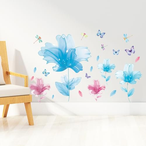 astylishome Wandtattoos & -Bilder Wandtattoo Blumen Blau Wandaufkleber Lilie Schmetterling Wandsticker Wanddeko für Wohnzimmer Schlafzimmer Fenster 0311