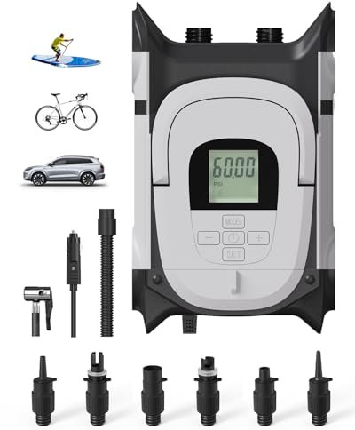 GICLE Bomba eléctrica de 60 PSI con conector de alimentación de coche de 12 V CC, bomba de aire portátil con pantalla LCD, función de apagado automático, motor dual para neumáticos de coche, tabla de