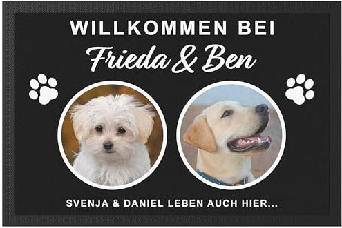 DEL MÀ Unique & Personal Fußmatte Hund personalisiert Einweihungsgeschenk Wohnung Hunde Geschenk zum Einzug ins Haus Fußabtreter Haustür Schmutzfangmatte für Innen 60x40 cm (2 Hunde)