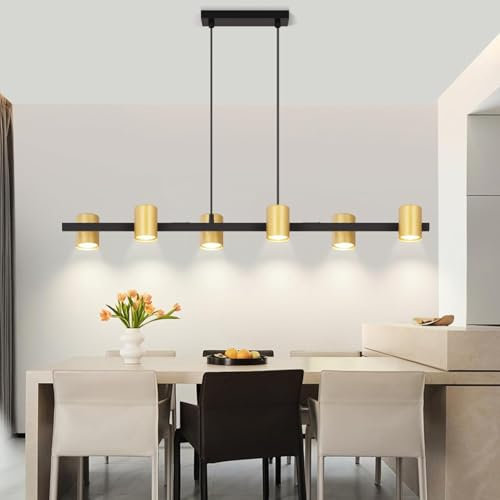 Kowanie Pendelleuchte esstisch Hängelampe 6 Flammig: Modern Esstischlampe hängend in Schwarz Gold GU10 Esszimmerlampe Metall Hängeleuchte Industrial für Küche Wohnzimmer Esszimmer- Ohne Leuchtmittel