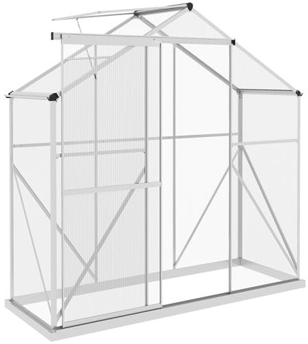 Outsunny 6 x 2.5ft Polycarbonate Greenhouse, Walk-In Green House with Sliding Door, 5-Level Roof Vent, Rain Gutter, Garden Plants Grow House with Aluminium Frame and Foundation, Silver