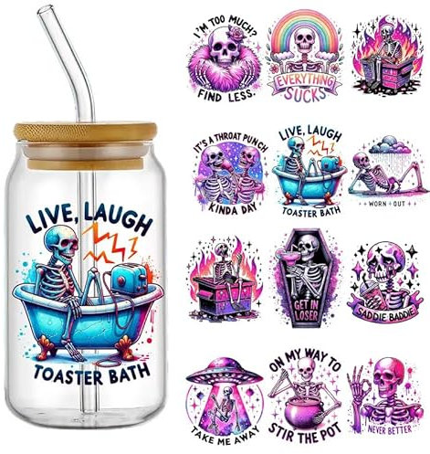 4pcs Cool Skull UV DTF Cup Wraps Winter UV DTF Transfer Waterproof Sticker for Glass Cups Furniture Craft DIY Crafts，Rub on Transfer Stickers for DIY Water Bottle Laptop Decal Wood Car