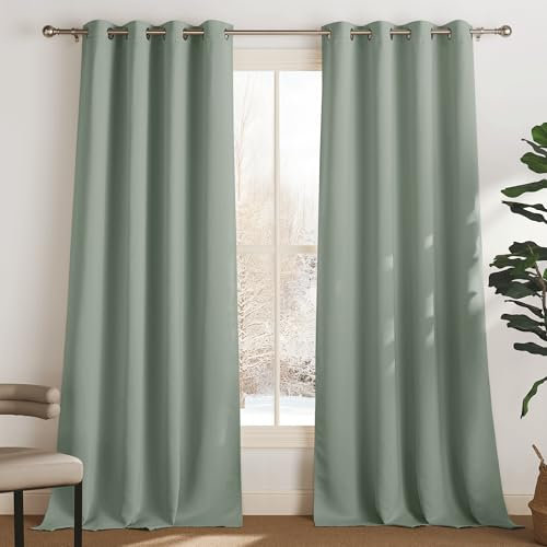 PONY DANCE Thermogardine Wärmeisolierend Verdunklungsvorhänge mit Ösen 2er Set H 260 x B 132 cm Gardinen Wohnzimmer Modern Extra Lange Vorhänge Blickdicht Salbeigrün