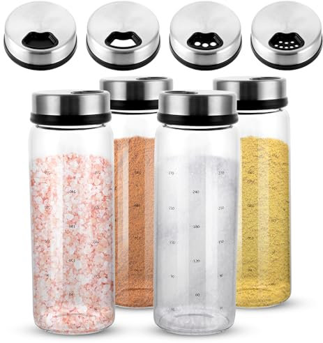 AKOLAFE Lot de 4 pots à épices avec couvercle rotatif 300 ml - 16,5 x 6 cm - Boîtes à épices hermétiques avec 4 types de trous d'épices - Salière ronde en verre borosilicate - Pour la cuisine, le