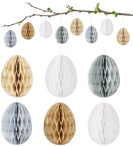 GEBETTER 12 Stück Ostereier Wabenbälle zum Aufhängen Papier Osterdeko Eier Ornamente Dekoration Waben Hängende Deko für Ostern Osterstrauß Osterstrauchdeko (12 Stück 5 Farben)