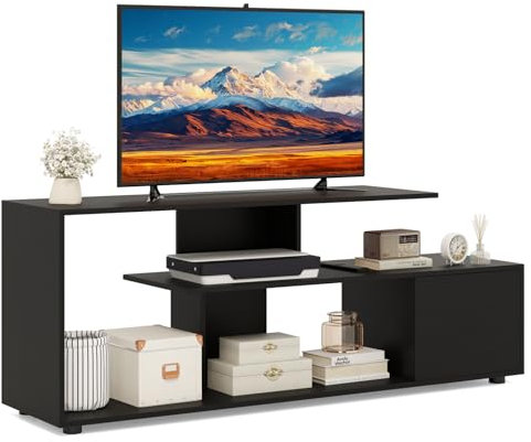GYMAX Mueble TV con Puerta Magnética, Mueble TV Geométrico para Televisores de hasta 55 Pulgadas, Mesa para TV de Madera, con Varios Espacios de Almacenaje, para Sala de Estar (Negro)